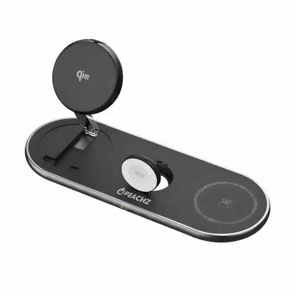 PEACHZ Qi2 3-in-1 Magnetic Wireless Charging Stand 15W Fast Charger Black