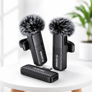 A pair of wireless lavalier microphone system in black, featuring a compact clip-on transmitter & receiver plug