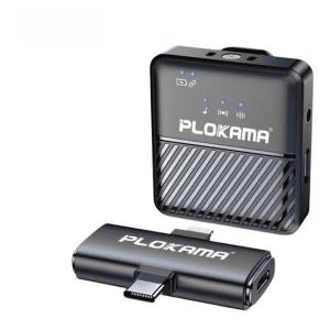A wireless lavalier microphone system in black, featuring a compact clip-on transmitter & receiver plug