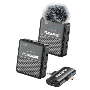 A pair of wireless lavalier microphone system in black, featuring a compact clip-on transmitter & receiver plug