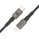 Black SYNK Neo Series USB-C to Lightning 30W fast-charging data cable neatly coiled, featuring a durable braided nylon exterior and reinforced metallic connector housings.