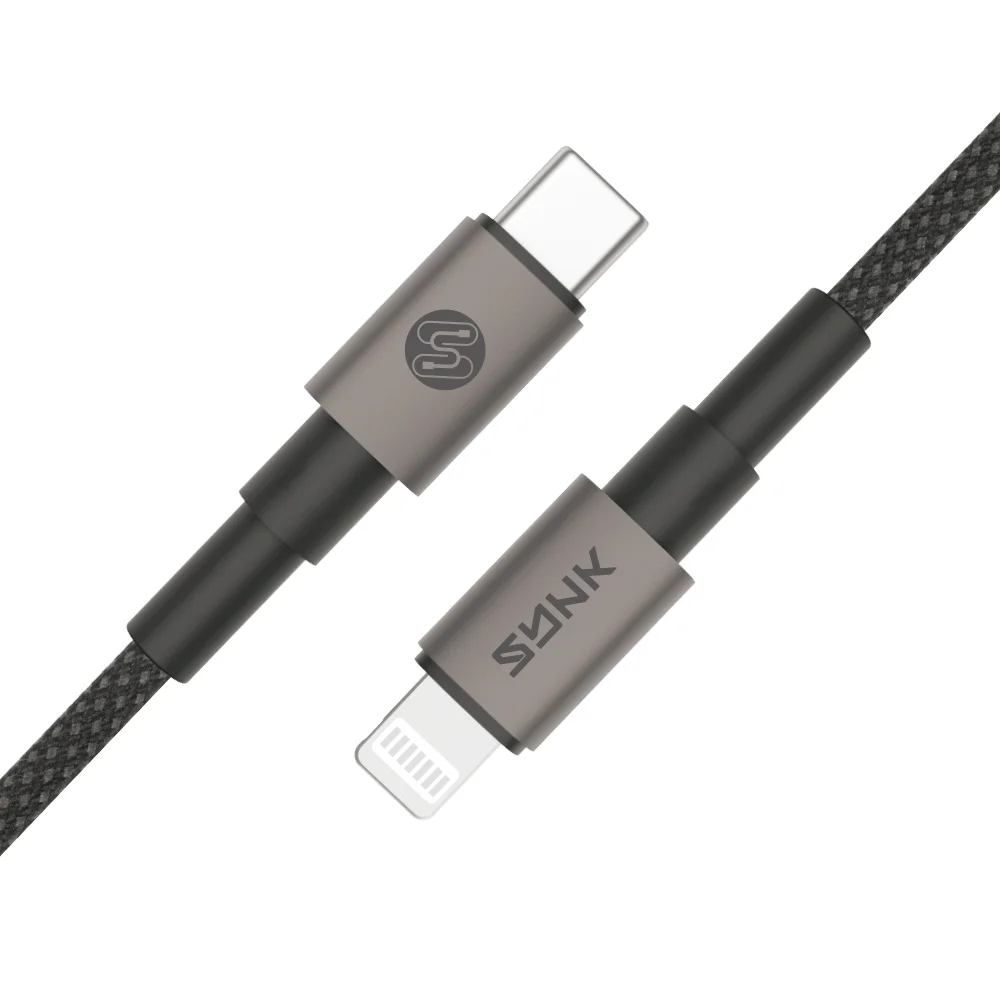 Black SYNK Neo Series USB-C to Lightning 30W fast-charging data cable neatly coiled, featuring a durable braided nylon exterior and reinforced metallic connector housings.