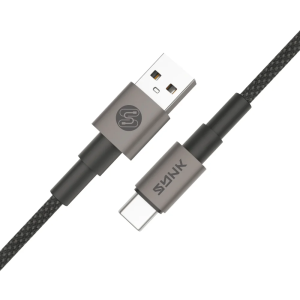 Black SYNK Neo Series USB-A to USB-C data cable neatly coiled, featuring reinforced metallic connector housings and a durable braided nylon exterior.