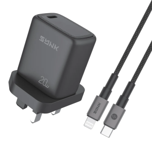 Compact Black SYNK Thunder Series 20-Watt fast wall charger featuring a single USB-C port, bundled with a USB-C to Lightning cable