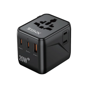 Compact black SYNK Thunder Series 20W travel wall charger featuring interchangeable plug pins and a high-speed USB-C charging port