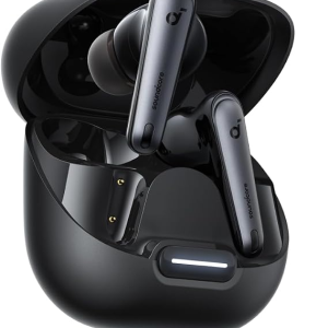 A pair of black wireless earbuds displayed inside an open charging case