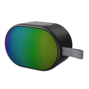 Compact black Soundcore Pyro Mini portable Bluetooth speaker featuring an integrated carrying strap and a vibrant, full-face LED light panel.