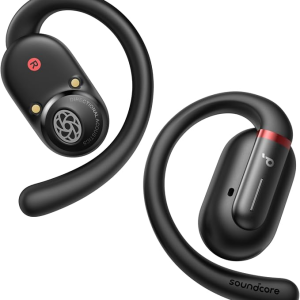 A pair of black wireless earbuds with ear hooks is displayed